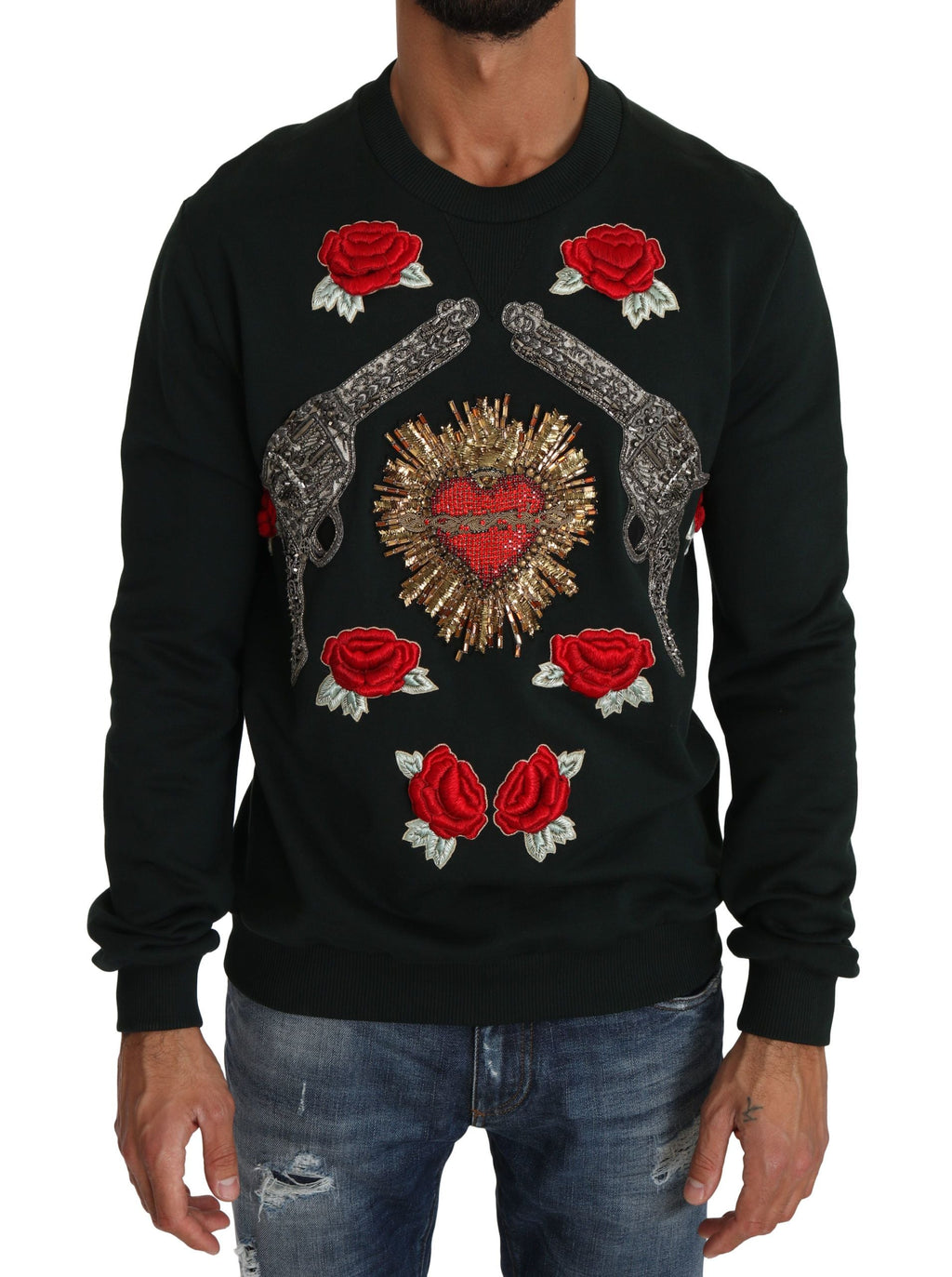 Green Crystal Heart Roses Gun Sweater Dolce & Gabbana