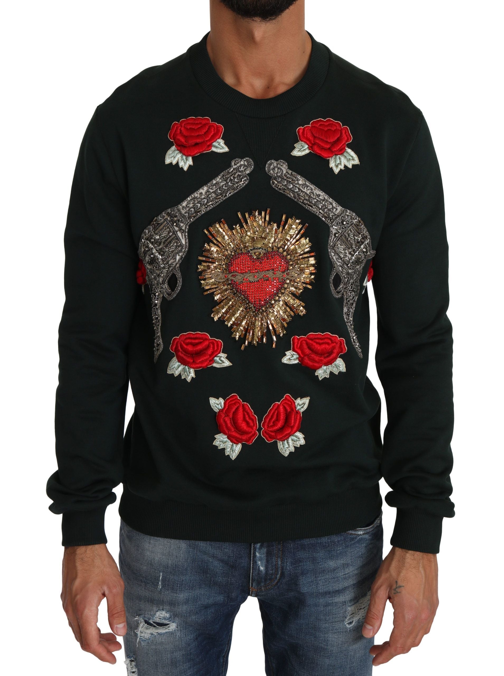 Green Crystal Heart Roses Gun Sweater Dolce & Gabbana