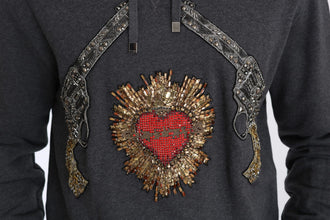 Gray Hooded Red Crystal Heart Gun Sweater Dolce & Gabbana