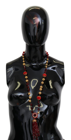 Gold Tone Brass Red Crystals Pendant Opera Chain  Necklace Dolce & Gabbana