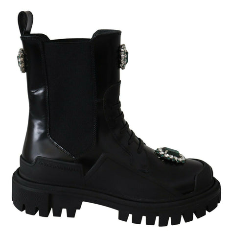 Black Leather Crystal Combat Boots Dolce & Gabbana