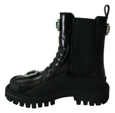 Black Leather Crystal Combat Boots Dolce & Gabbana