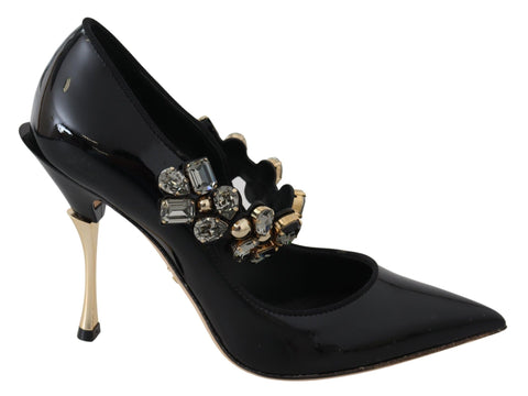 Black Leather Crystal Shoes Mary Jane Pumps Dolce & Gabbana
