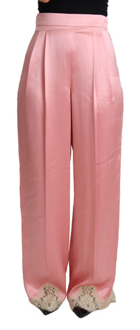 Pink Lace Trimmed Silk Satin Wide Legs Pants Dolce & Gabbana