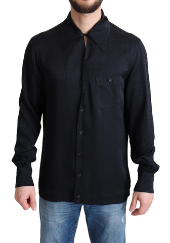 Black Jacquard Silk Casual Button Down Shirt Dolce & Gabbana