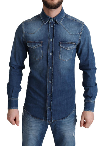 Blue Cotton Stretch Long Sleeves Denim Shirt Dolce & Gabbana
