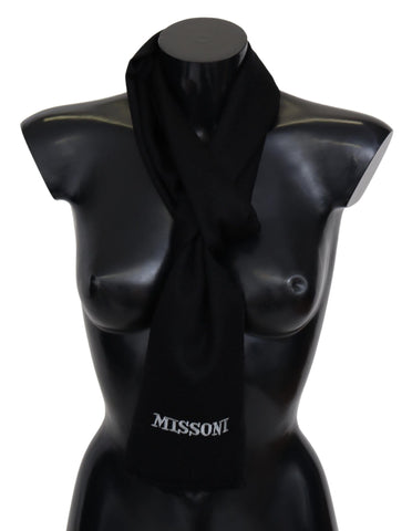Black 100% Wool Unisex Neck Wrap Fringes Logo Scarf Missoni