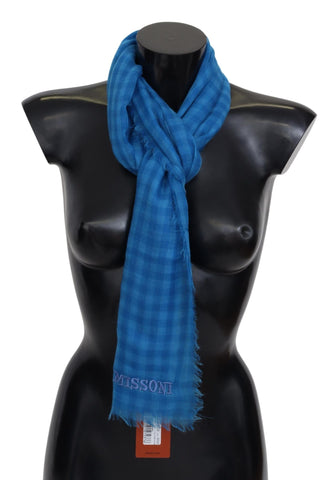 Blue Checkered Cashmere Unisex Wrap Fringes Scarf Missoni