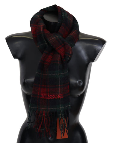 Black Red Check Wool Unisex Neck Wrap Fringes Scarf Missoni