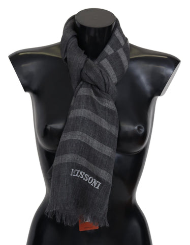 Gray Striped Wool Unisex Neck Wrap Fringes Scarf Missoni