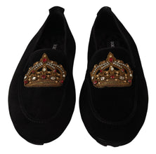 Black Leather Crystal Gold Crown Loafers Shoes Dolce & Gabbana