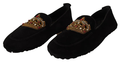 Black Leather Crystal Gold Crown Loafers Shoes Dolce & Gabbana