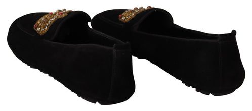 Black Leather Crystal Gold Crown Loafers Shoes Dolce & Gabbana