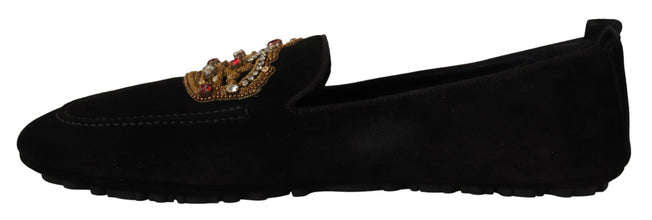 Black Leather Crystal Gold Crown Loafers Shoes Dolce & Gabbana