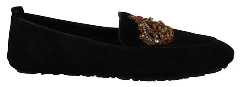 Black Leather Crystal Gold Crown Loafers Shoes Dolce & Gabbana