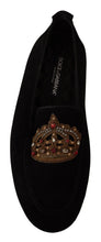 Black Leather Crystal Gold Crown Loafers Shoes Dolce & Gabbana