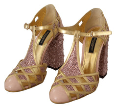 Pink Gold Leather Crystal Pumps T-strap Shoes Dolce & Gabbana