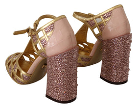 Pink Gold Leather Crystal Pumps T-strap Shoes Dolce & Gabbana