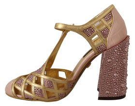 Pink Gold Leather Crystal Pumps T-strap Shoes Dolce & Gabbana