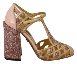 Pink Gold Leather Crystal Pumps T-strap Shoes Dolce & Gabbana