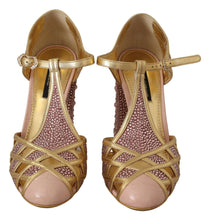 Pink Gold Leather Crystal Pumps T-strap Shoes Dolce & Gabbana