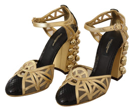 Black Gold Leather Studded Ankle Straps Shoes Dolce & Gabbana