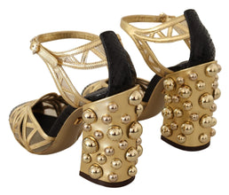 Black Gold Leather Studded Ankle Straps Shoes Dolce & Gabbana