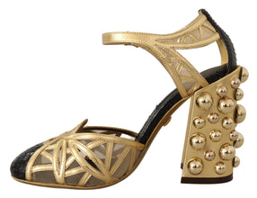 Black Gold Leather Studded Ankle Straps Shoes Dolce & Gabbana