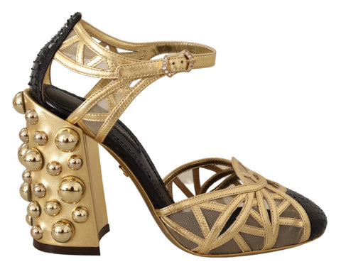 Black Gold Leather Studded Ankle Straps Shoes Dolce & Gabbana