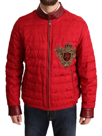 Red Brocade Bomber Gold Crown Logo Coat Jacket Dolce & Gabbana