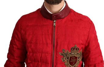 Red Brocade Bomber Gold Crown Logo Coat Jacket Dolce & Gabbana