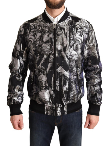 Black Silver Puppi Motive Bomber Jacket Dolce & Gabbana