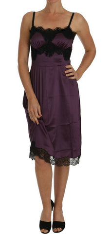 Purple Silk Stretch Black Lace A-Line Dress Dolce & Gabbana