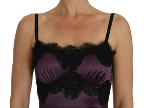 Purple Silk Stretch Black Lace A-Line Dress Dolce & Gabbana
