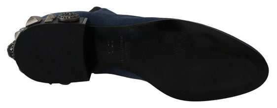 Blue Suede Embellished Studded Boots Shoes Dolce & Gabbana