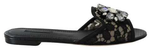 Black Taormina Lace Slides Crystals Flats Shoes Dolce & Gabbana