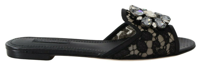 Black Taormina Lace Slides Crystals Flats Shoes Dolce & Gabbana