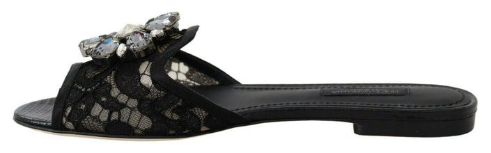 Black Taormina Lace Slides Crystals Flats Shoes Dolce & Gabbana