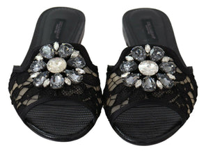 Black Taormina Lace Slides Crystals Flats Shoes Dolce & Gabbana