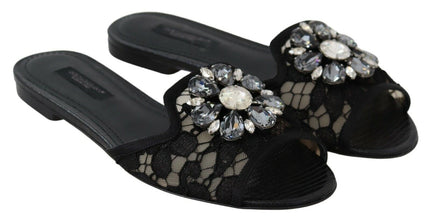 Black Taormina Lace Slides Crystals Flats Shoes Dolce & Gabbana