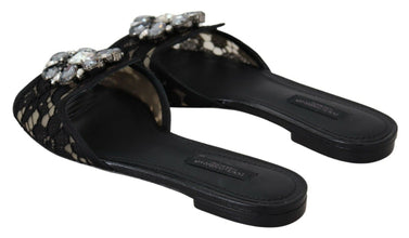 Black Taormina Lace Slides Crystals Flats Shoes Dolce & Gabbana
