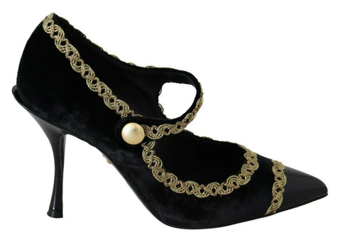 Black Embellished Velvet Mary Jane Pumps Shoes Dolce & Gabbana