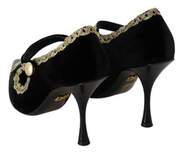 Black Embellished Velvet Mary Jane Pumps Shoes Dolce & Gabbana