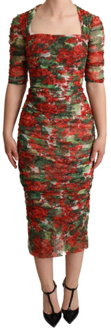 Red Floral Print Tulle Sheath Midi Dress Dolce & Gabbana