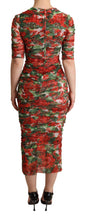 Red Floral Print Tulle Sheath Midi Dress Dolce & Gabbana