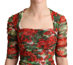 Red Floral Print Tulle Sheath Midi Dress Dolce & Gabbana
