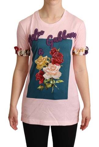 Pink Cotton Floral Roses Crewneck T-shirt Dolce & Gabbana