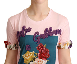 Pink Cotton Floral Roses Crewneck T-shirt Dolce & Gabbana