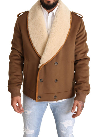 Brown Double Breasted Shearling Coat Jacket Dolce & Gabbana