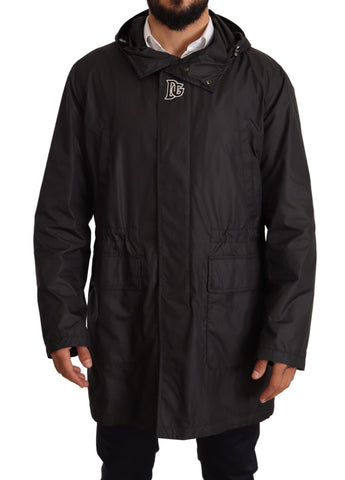Black Hooded Mens Trench Coat Jacket Dolce & Gabbana